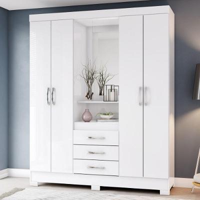 Guarda Roupa Nápole 4 Portas Bater 3 Gavetas Branco MDP com Espelho Briz Móveis