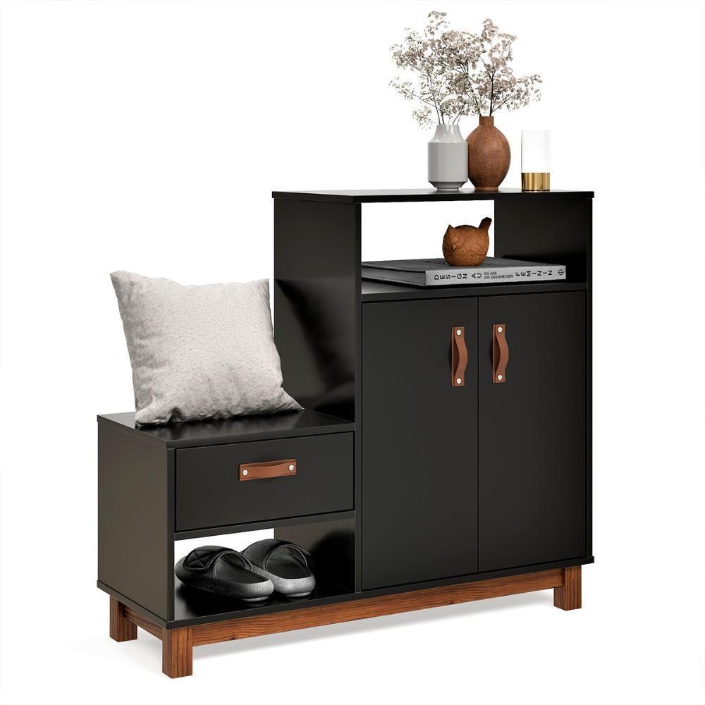 Sapateira Com Banco Organic 3 Portas Pés De Madeira Maciça Preto - 1