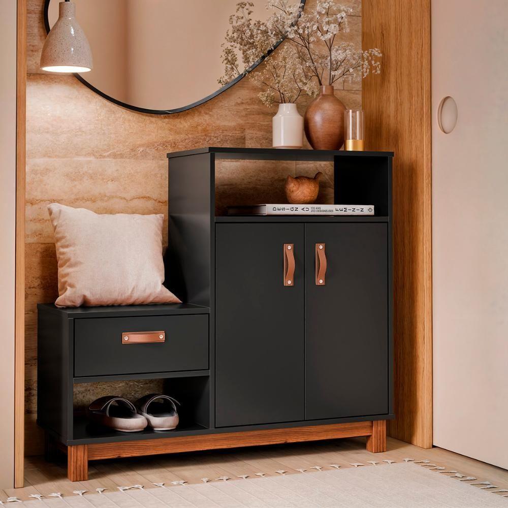 Sapateira Com Banco Organic 3 Portas Pés De Madeira Maciça Preto - 2