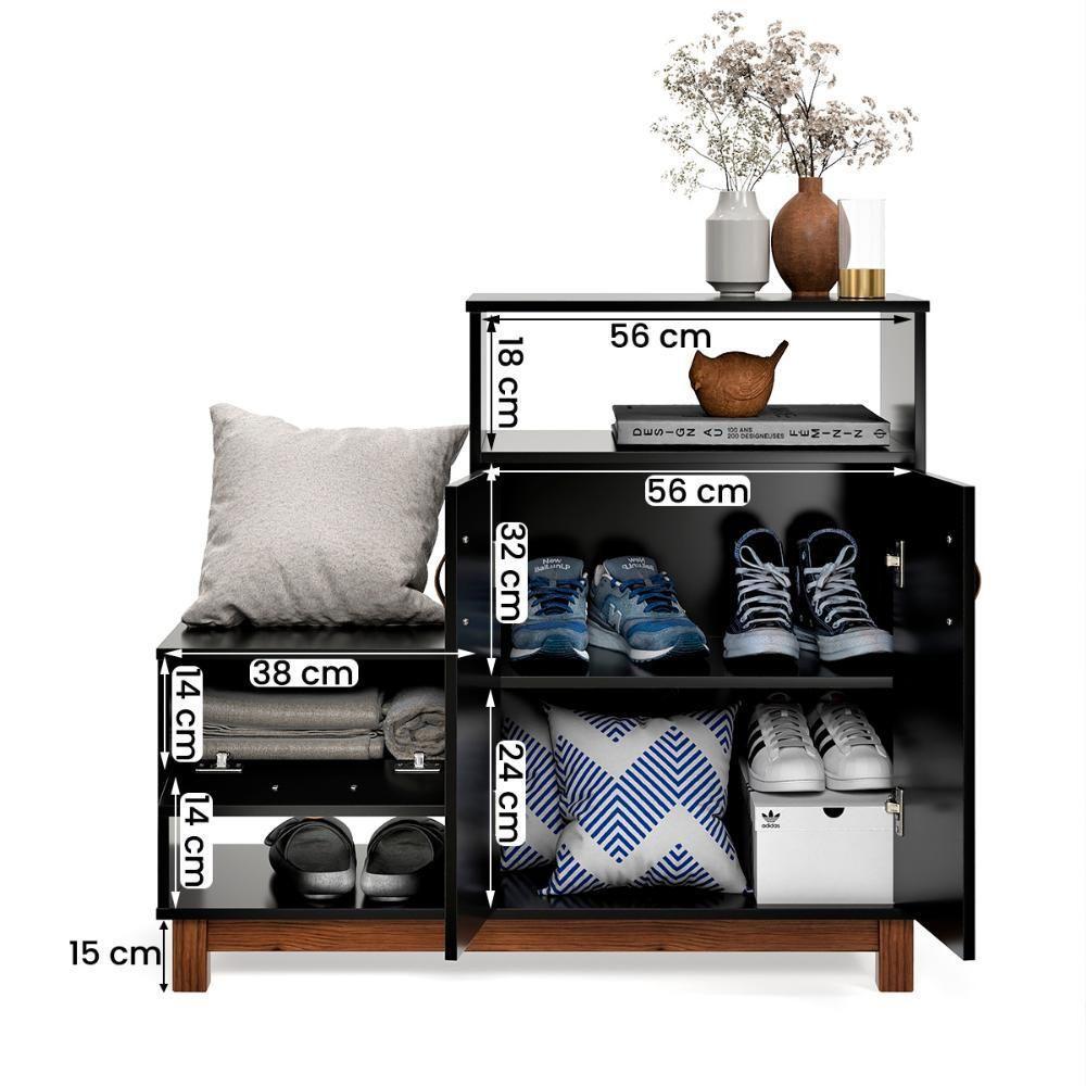 Sapateira Com Banco Organic 3 Portas Pés De Madeira Maciça Preto - 3