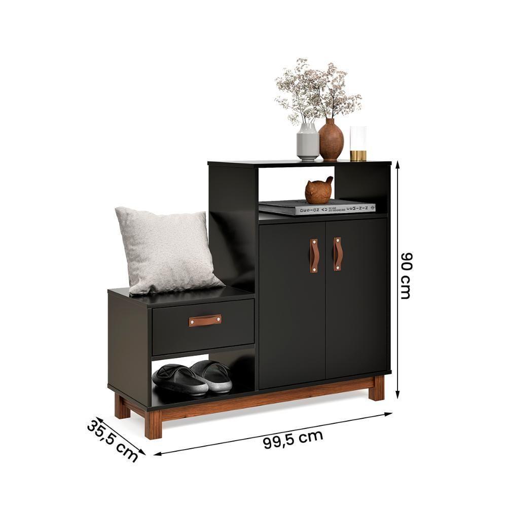 Sapateira Com Banco Organic 3 Portas Pés De Madeira Maciça Preto - 4
