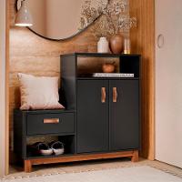 Sapateira Com Banco Organic 3 Portas Pés De Madeira Maciça Preto - 2