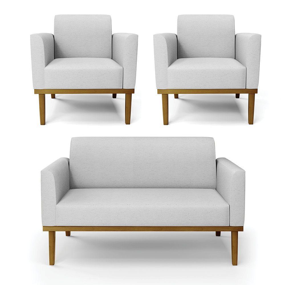 Sofá Namoradeira Com 2 Poltronas Base De Madeira Fixa Castanho Marisa Linho Cinza A05 D03 - D?rossi - 1