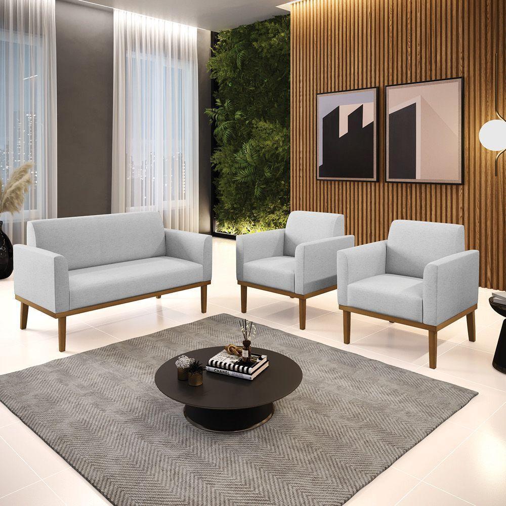 Sofá Namoradeira Com 2 Poltronas Base De Madeira Fixa Castanho Marisa Linho Cinza A05 D03 - D?rossi - 7