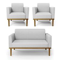 Sofá Namoradeira Com 2 Poltronas Base De Madeira Fixa Castanho Marisa Linho Cinza A05 D03 - D?rossi - 1