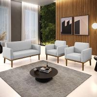 Sofá Namoradeira Com 2 Poltronas Base De Madeira Fixa Castanho Marisa Linho Cinza A05 D03 - D?rossi - 7