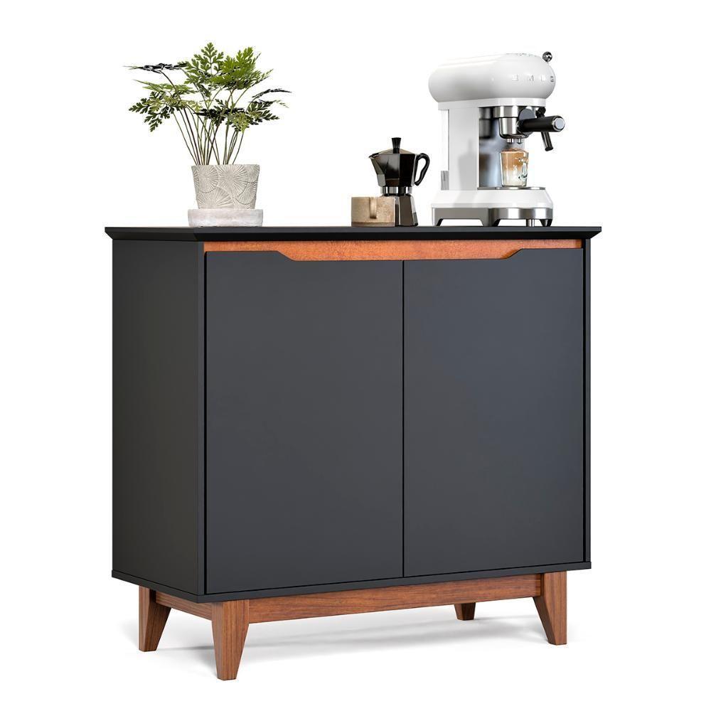 Aparador Buffet Flow 2 Portas Com Pés De Madeira Maciça Preto - 1