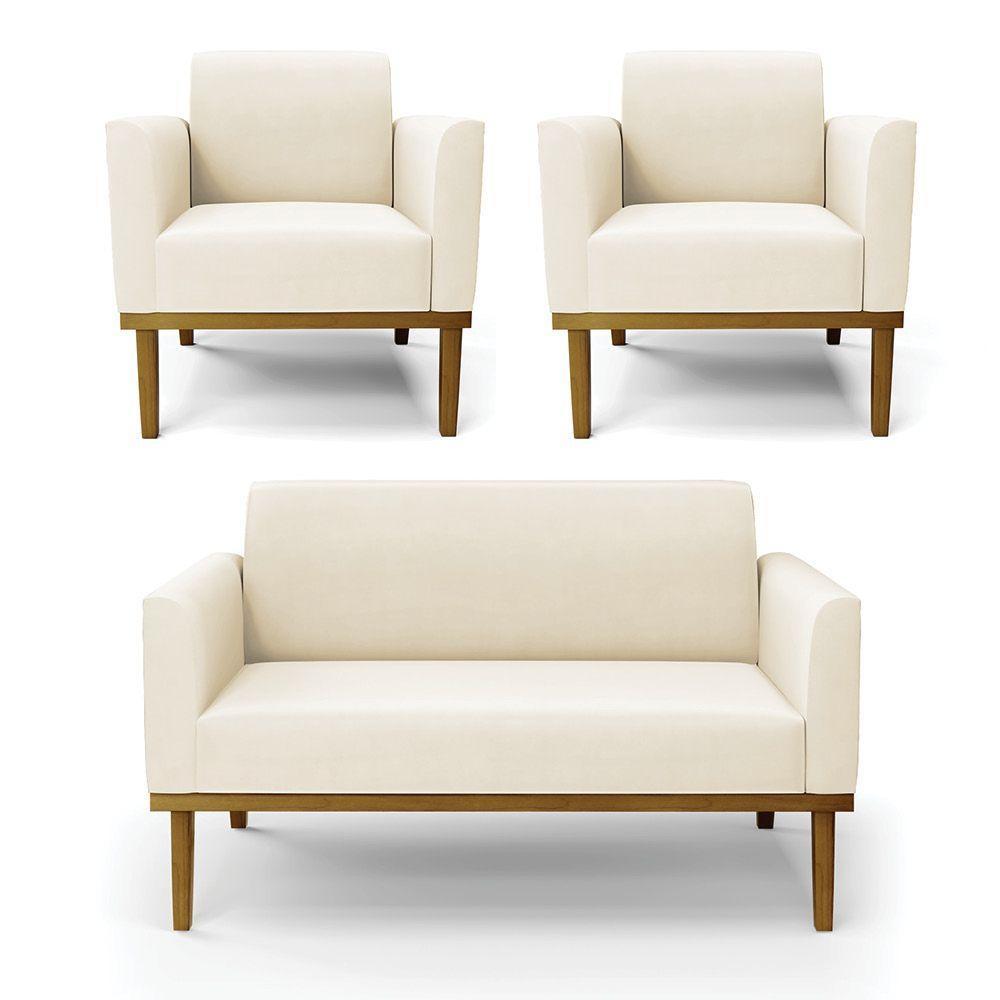 Sofá Namoradeira Com 2 Poltronas Base De Madeira Fixa Castanho Marisa Veludo Bege D03 - D?rossi - 1