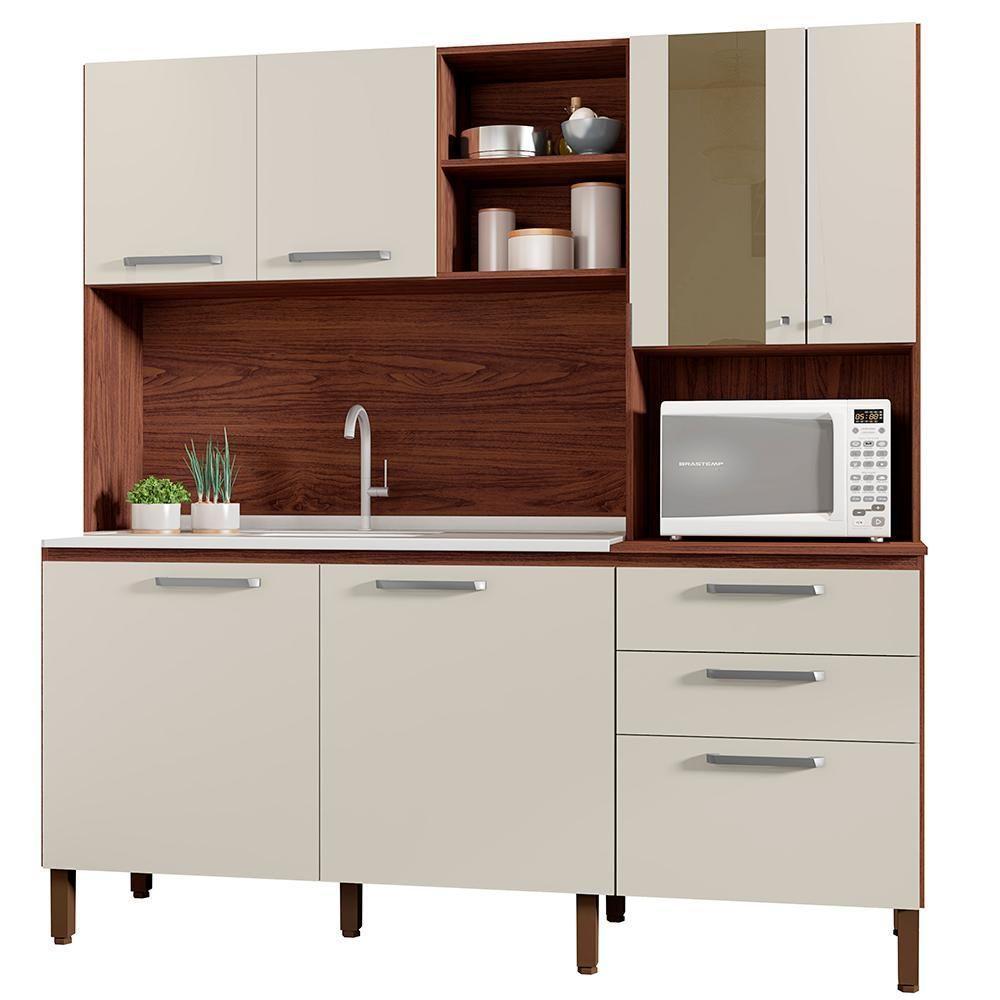 Cozinha Compacta 7 Portas 2 Gavetas 182 Cm Mega Nogueira Off White Ktp - 1