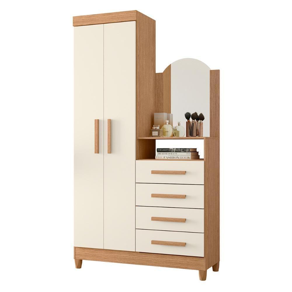 Guarda Roupa Cômoda Capri 2 Portas 4 Gavetas E Espelho Freijo/Off White - 1