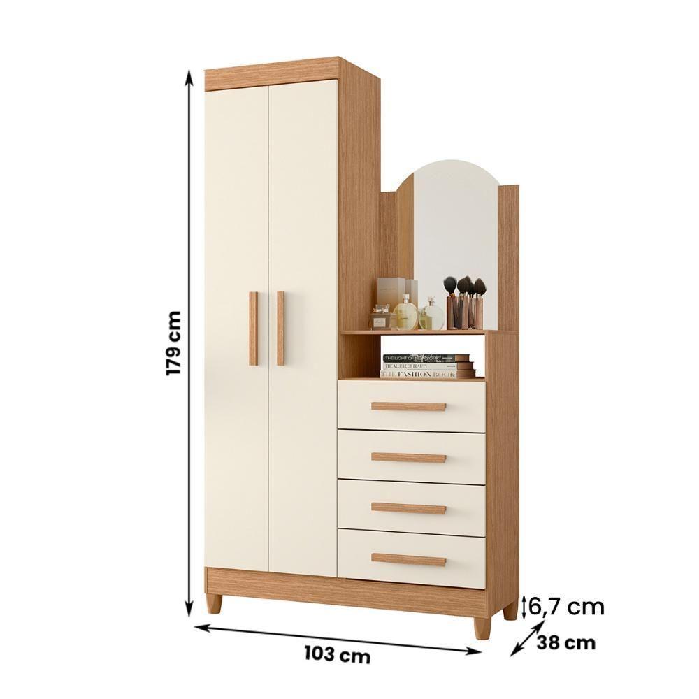 Guarda Roupa Cômoda Capri 2 Portas 4 Gavetas E Espelho Freijo/Off White - 4