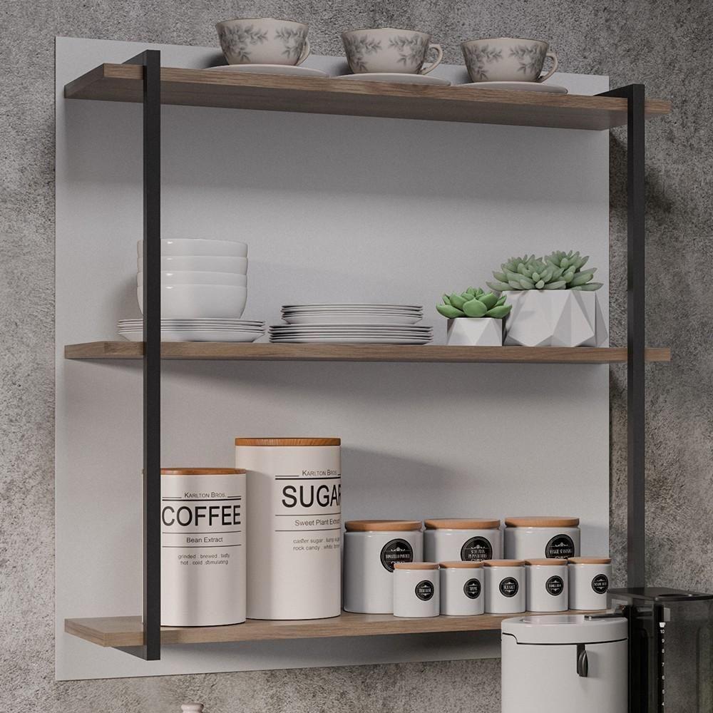 Prateleira Industrial Cozinha Tripla Com Painel Flora Z34 Branco/freijó - Mpozenato - 2