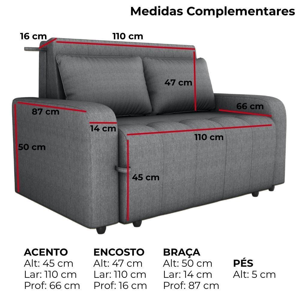 Sofa Cama 2 Lugares 138 Cm Amora Linho Vancouver Cinza Milani Store Cinza - 3