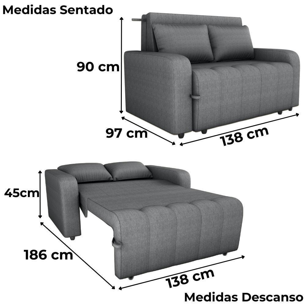 Sofa Cama 2 Lugares 138 Cm Amora Linho Vancouver Cinza Milani Store Cinza - 4