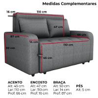 Sofa Cama 2 Lugares 138 Cm Amora Linho Vancouver Cinza Milani Store Cinza - 3