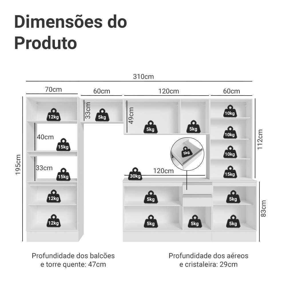 Armário De Cozinha Completa 100% Mdf 310 Cm Smart Madesa 04 Branco - 3