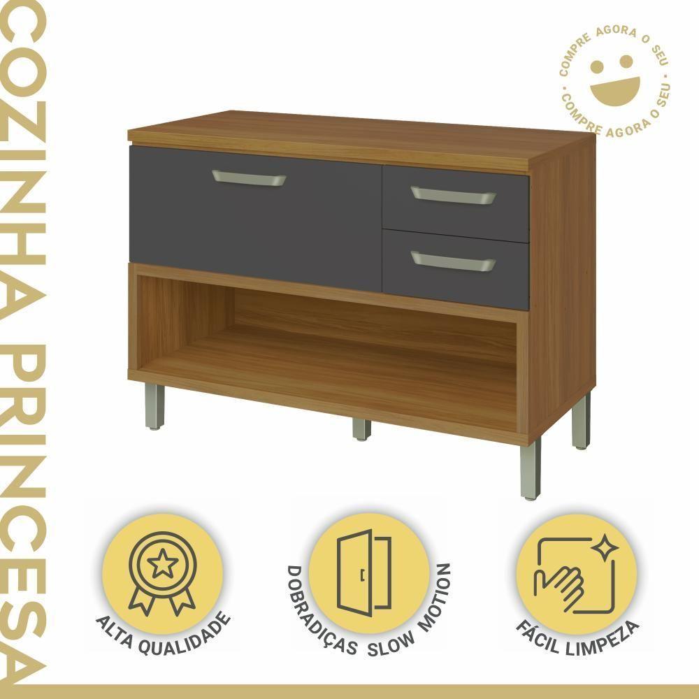 Balcão De Cozinha 1 Porta 2 Gavetas Com Caixa Organizadora 120cm Princesa Freijó/grafite Nesher Móveis - 2