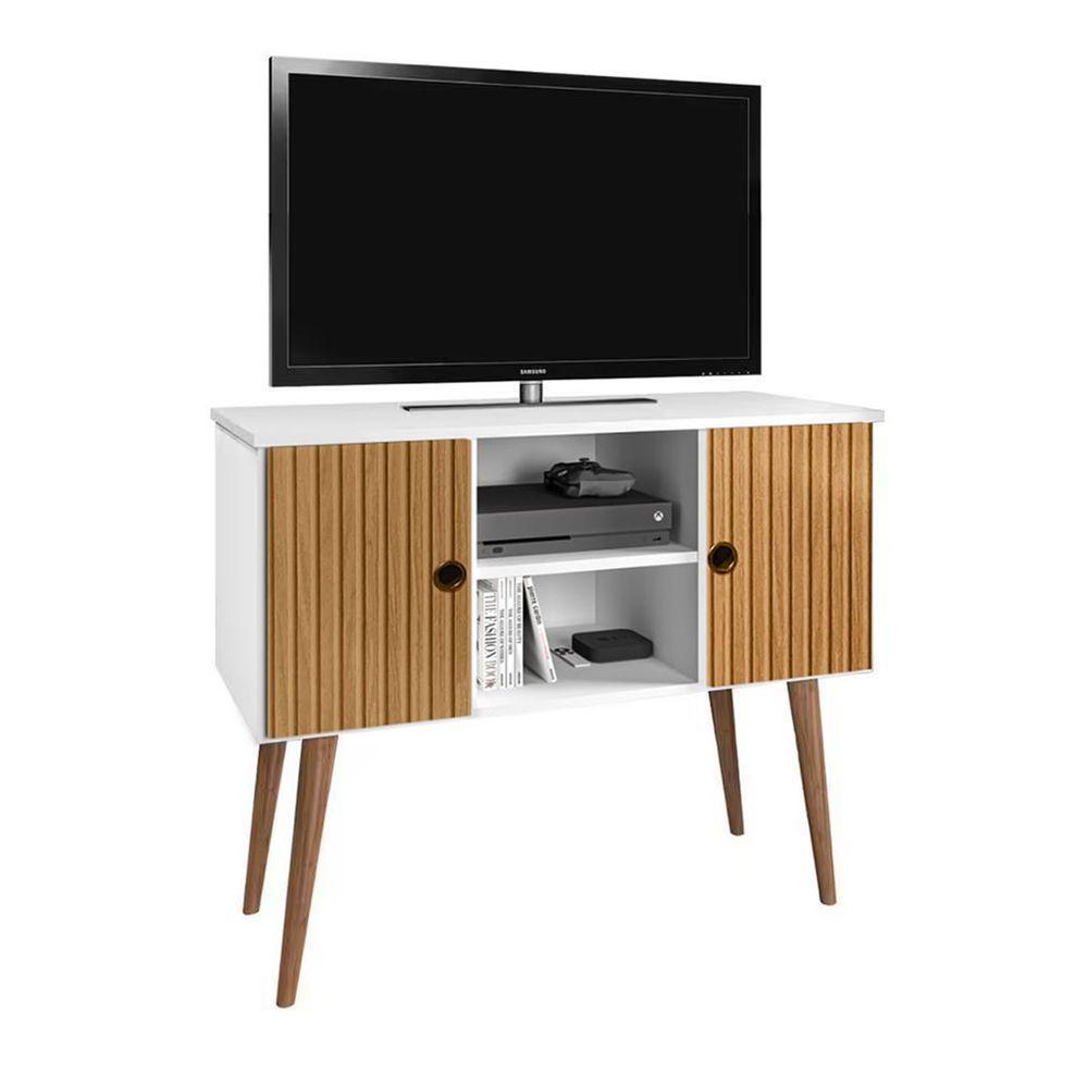 Estante Rack Viena Clássico 90cm Com Portas - Branco/ripado - 2