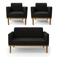 Sofá Namoradeira Com 2 Poltronas Base De Madeira Fixa Castanho Marisa Suede Preto D03 - D?rossi - 1