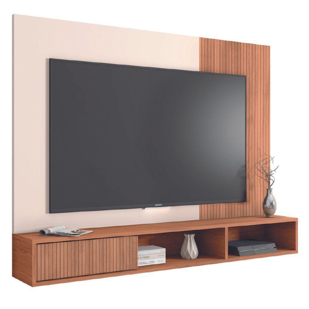 Painel Para TV Até 55 Polegadas Ripado Impressão 3D Com Nicho Madrid Madeirado/Off White Caemmun - 1