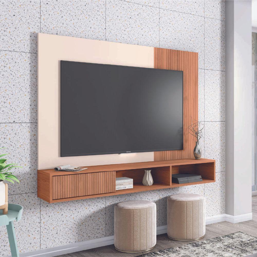 Painel Para TV Até 55 Polegadas Ripado Impressão 3D Com Nicho Madrid Madeirado/Off White Caemmun - 2