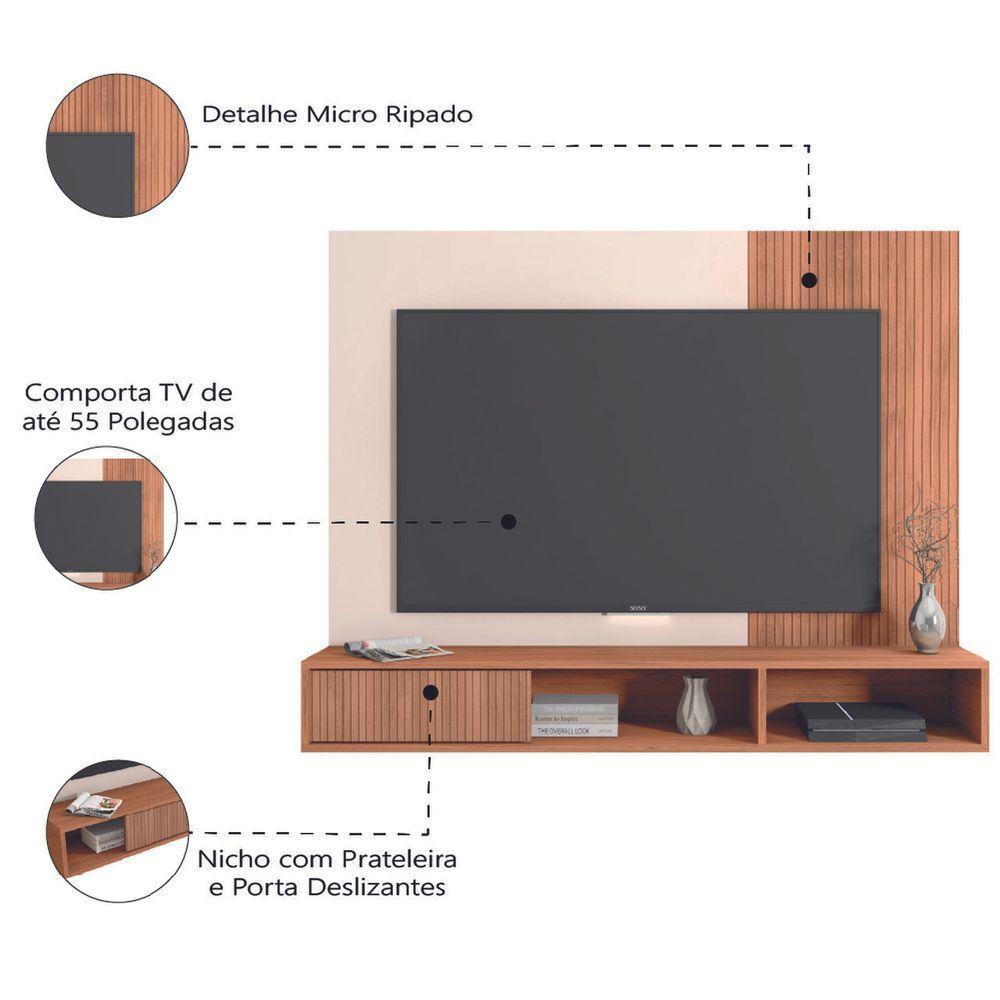 Painel Para TV Até 55 Polegadas Ripado Impressão 3D Com Nicho Madrid Madeirado/Off White Caemmun - 5