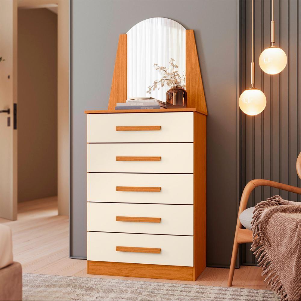Cômoda Quarto Veneza Com 5 Gavetas E Espelho Cinamomo/Off White - 2