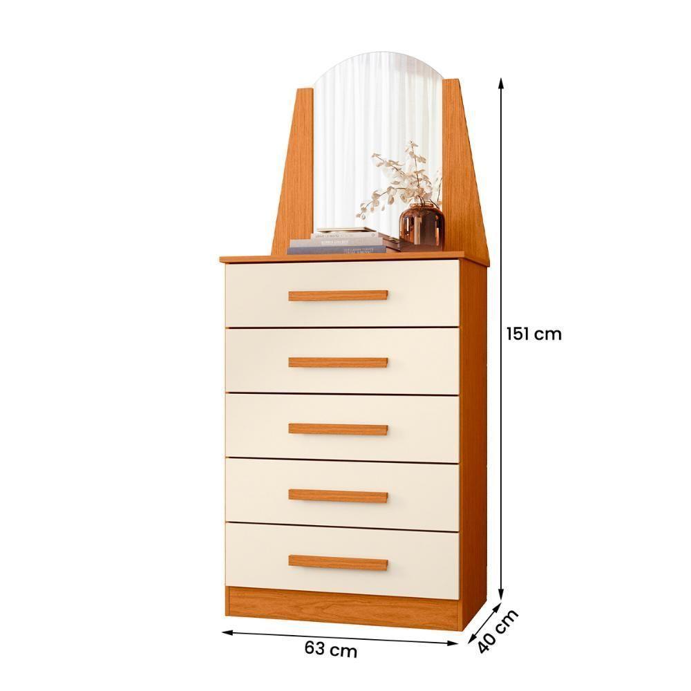 Cômoda Quarto Veneza Com 5 Gavetas E Espelho Cinamomo/Off White - 4