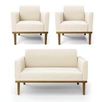 Sofá Namoradeira Com 2 Poltronas Base De Madeira Fixa Castanho Marisa Veludo D03 - D?rossi Cor Bege - 1