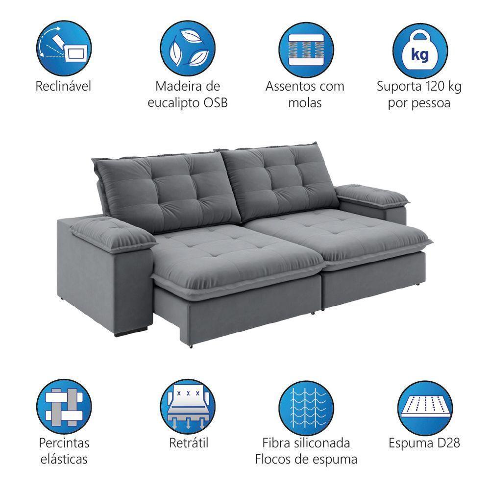 Sofá Retrátil E Reclinável Bipartido 2,50m 4 Lugares Fofão Slim Luizzi Chumbo - 4