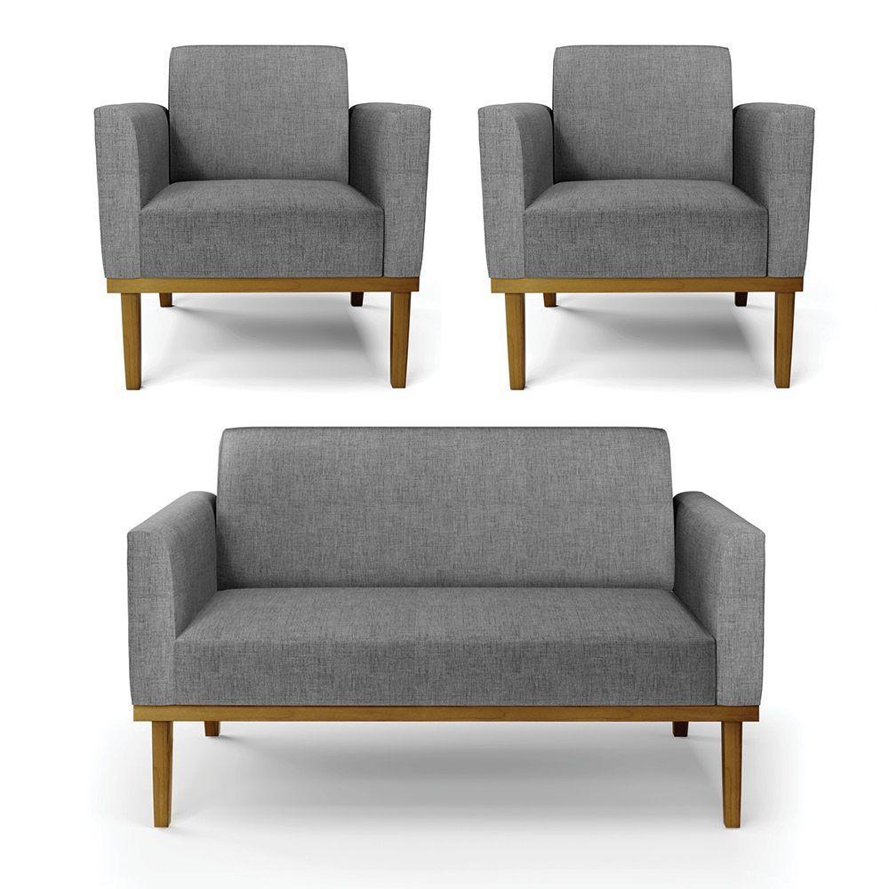 Sofá Namoradeira Com 2 Poltronas Base De Madeira Fixa Castanho Marisa Linho Grafite A26 D03 - D?rossi - 1