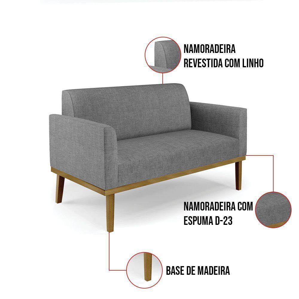Sofá Namoradeira Com 2 Poltronas Base De Madeira Fixa Castanho Marisa Linho Grafite A26 D03 - D?rossi - 4