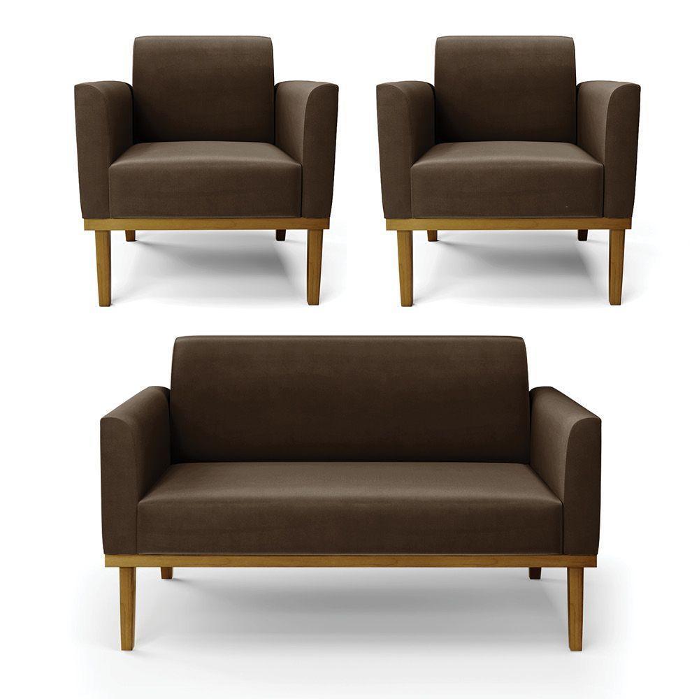 Sofá Namoradeira Com 2 Poltronas Base De Madeira Fixa Castanho Marisa Suede Marrom D03 - D?rossi - 1