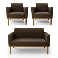 Sofá Namoradeira Com 2 Poltronas Base De Madeira Fixa Castanho Marisa Suede Marrom D03 - D?rossi - 1