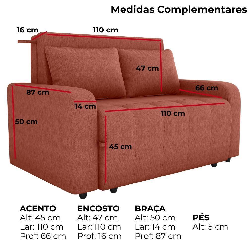 Sofa Cama 2 Lugares 138 Cm Amora Tecido Pompeia G500 Milani Store Terracota - 6