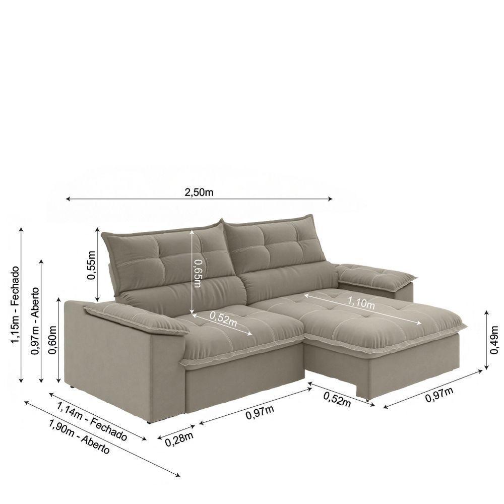 Sofá Retrátil E Reclinável Bipartido 2,50m 4 Lugares Veneto Slim Luizzi Castor - 3