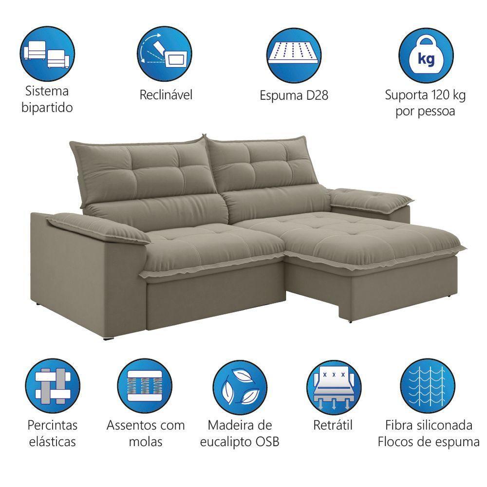 Sofá Retrátil E Reclinável Bipartido 2,50m 4 Lugares Veneto Slim Luizzi Castor - 4