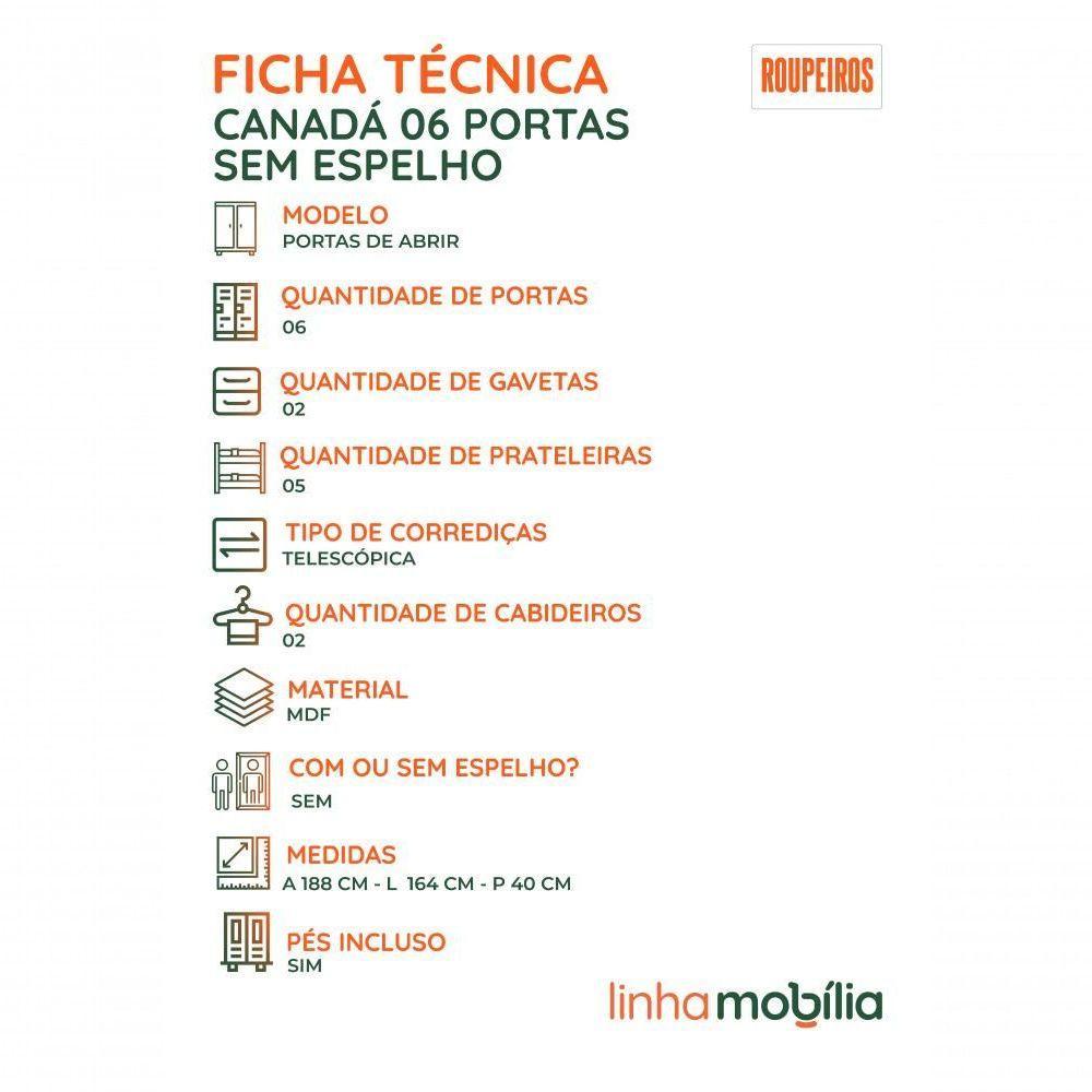Guarda-Roupa Casal Canadá 6 Portas E 2 Gavetas 100% Mdf Linha Mobília Cinamomo/off White - 9