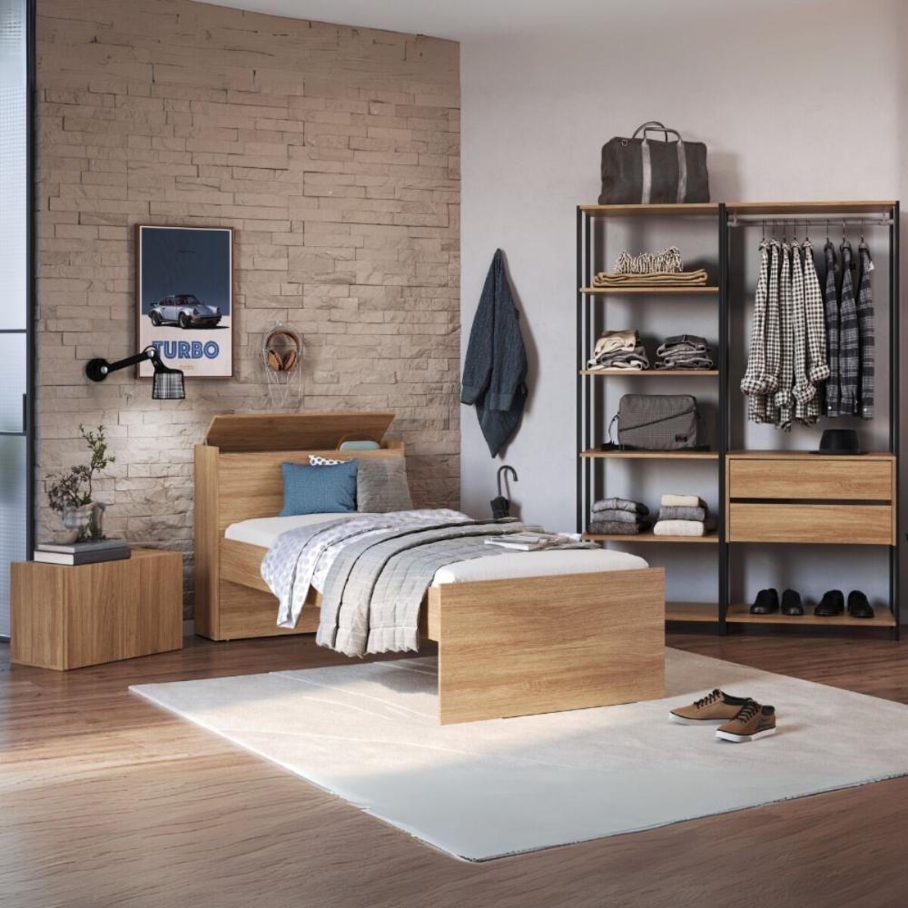 Quarto Completo Com Cama Solteiro Para Colchão 188x78cm Com Baú Embutido Multimóveis Mp4342 Preto Madeirado - 1