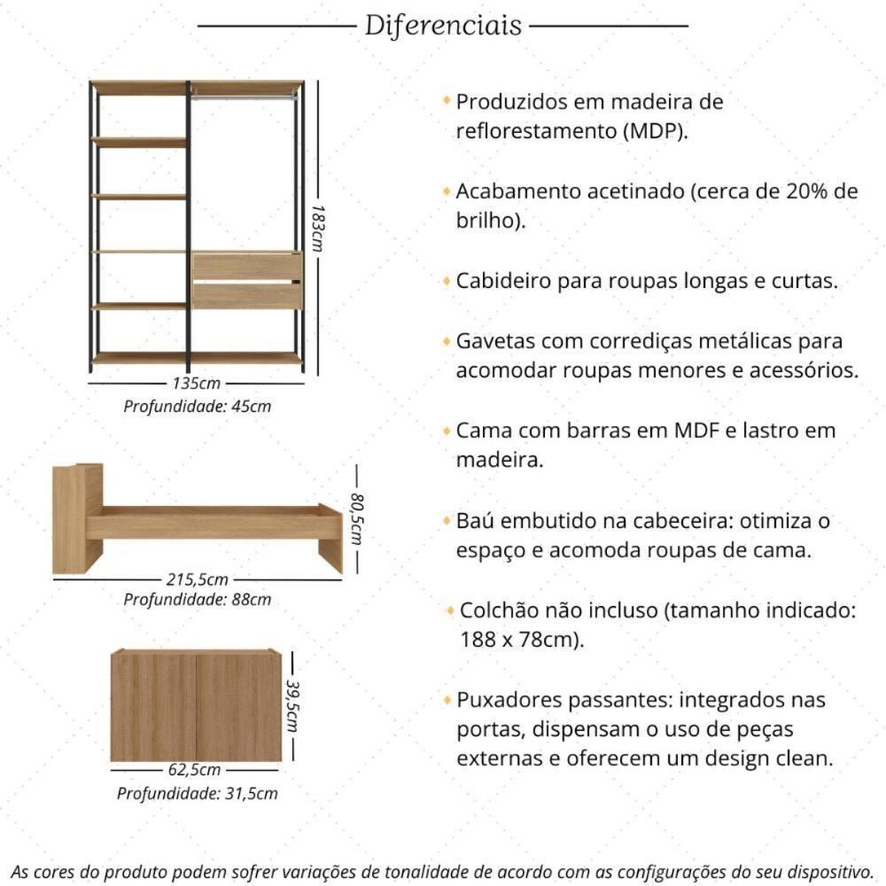 Quarto Completo Com Cama Solteiro Para Colchão 188x78cm Com Baú Embutido Multimóveis Mp4342 Preto Madeirado - 3