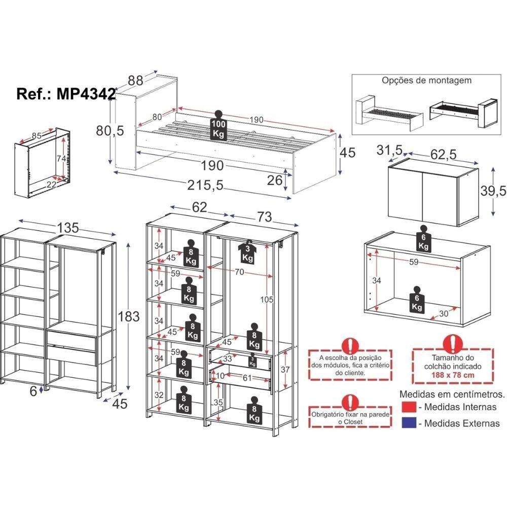 Quarto Completo Com Cama Solteiro Para Colchão 188x78cm Com Baú Embutido Multimóveis Mp4342 Preto Madeirado - 4