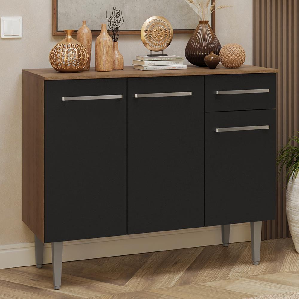 Buffet Aparador 105cm 3 Portas E 1 Gaveta Madesa Rustic/preto - 1