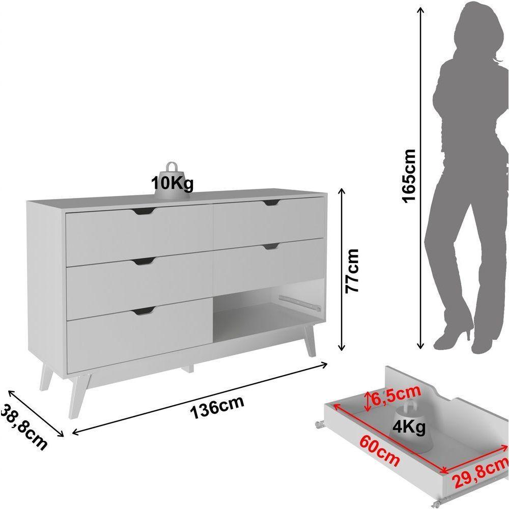 Cômoda De 136cm Com 6 Gavetas E Pé Cônico Branco - 4