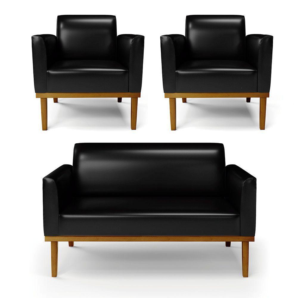 Sofá Namoradeira Com 2 Poltronas Base De Madeira Fixa Castanho Marisa Corano Preto D03 - D?rossi - 1