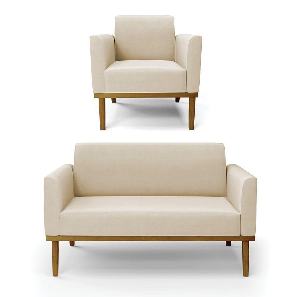 Sofá Namoradeira Com Poltrona Base De Madeira Fixa Castanho Marisa Suede D03 - D?rossi Cor Bege - 1