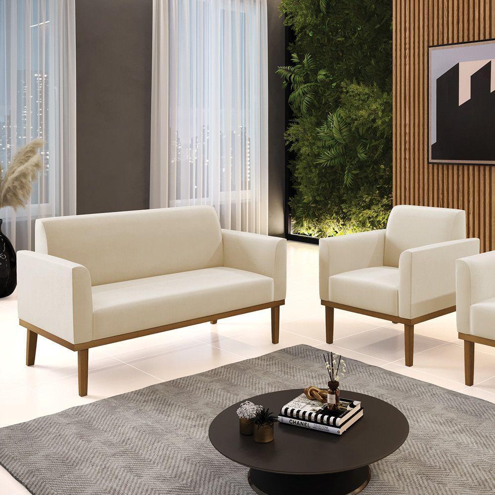 Sofá Namoradeira Com Poltrona Base De Madeira Fixa Castanho Marisa Suede D03 - D?rossi Cor Bege - 3