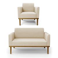 Sofá Namoradeira Com Poltrona Base De Madeira Fixa Castanho Marisa Suede D03 - D?rossi Cor Bege - 1