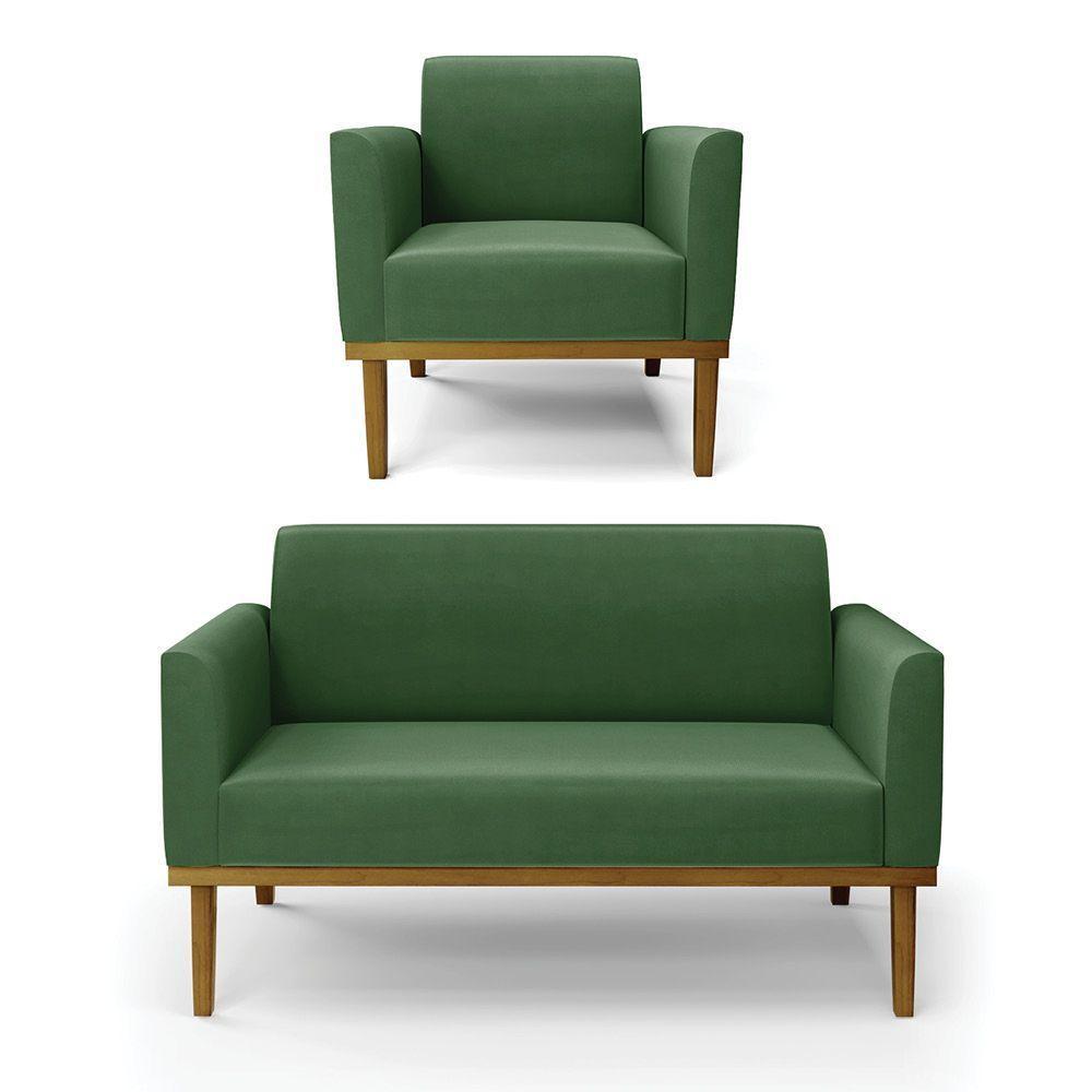 Sofá Namoradeira Com Poltrona Base De Madeira Fixa Castanho Marisa Suede D03 - D?rossi Cor Verde - 1
