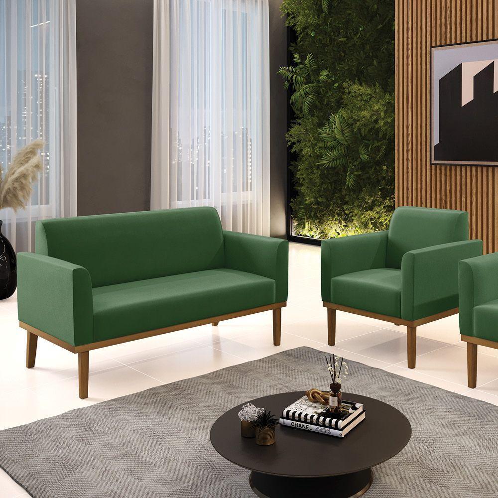 Sofá Namoradeira Com Poltrona Base De Madeira Fixa Castanho Marisa Suede D03 - D?rossi Cor Verde - 4