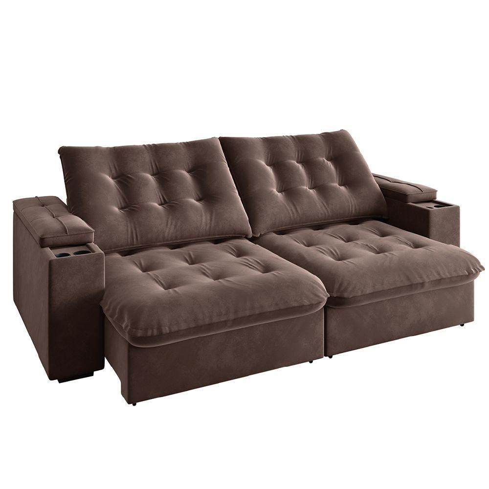 Sofá Retrátil E Reclinável 3 Lugares 2,30m Com Porta Copos Veludo New Coliseu Selmer Marrom - 1